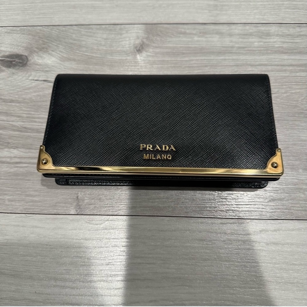 Prada Black and Gold Saffiano Leather Wallet on a Chain - Picture 2 of 11